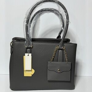 NWT Spacious Gray Leather Handbag with Shoulder Strap and Coin Pouch Charm